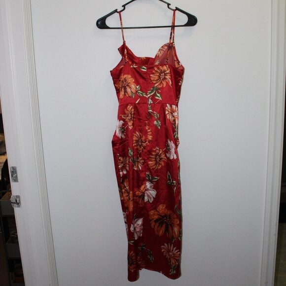 Soly Hux Floral Print Ruched Split Hem Satin Cami Dress - Size XS