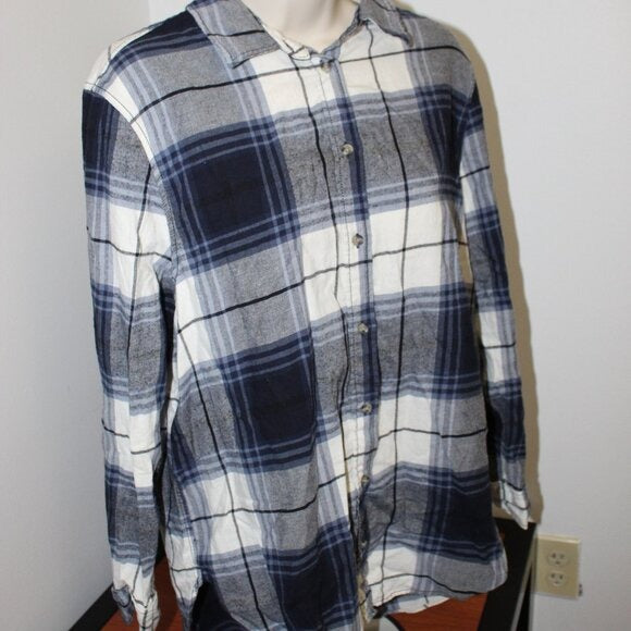 H&M Button Up Flannel Shirt Women's Large White Gray Plaid Soft Cotton EUC - Size L