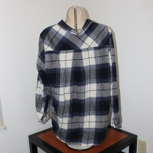 H&M Button Up Flannel Shirt Women's Large White Gray Plaid Soft Cotton EUC - Size L
