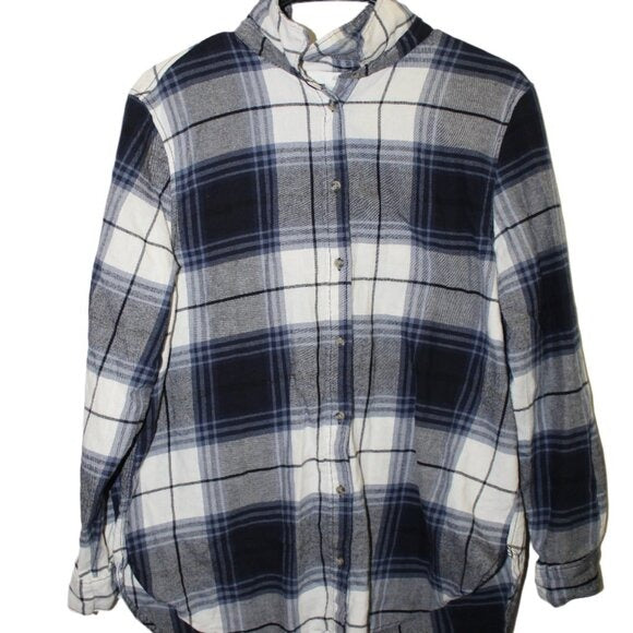 H&M Button Up Flannel Shirt Women's Large White Gray Plaid Soft Cotton EUC - Size L