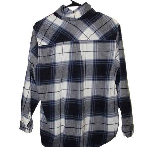 H&M Button Up Flannel Shirt Women's Large White Gray Plaid Soft Cotton EUC - Size L
