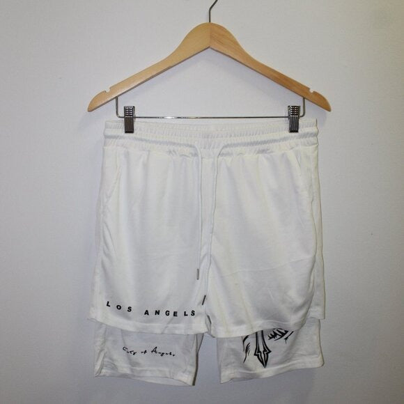 Manfinity LEGEND Letter & Cross Print Drawstring Double Layer Shorts - Size M