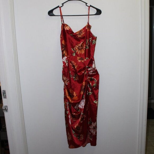 Soly Hux Floral Print Ruched Split Hem Satin Cami Dress - Size XS