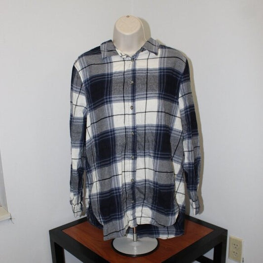 H&M Button Up Flannel Shirt Women's Large White Gray Plaid Soft Cotton EUC - Size L