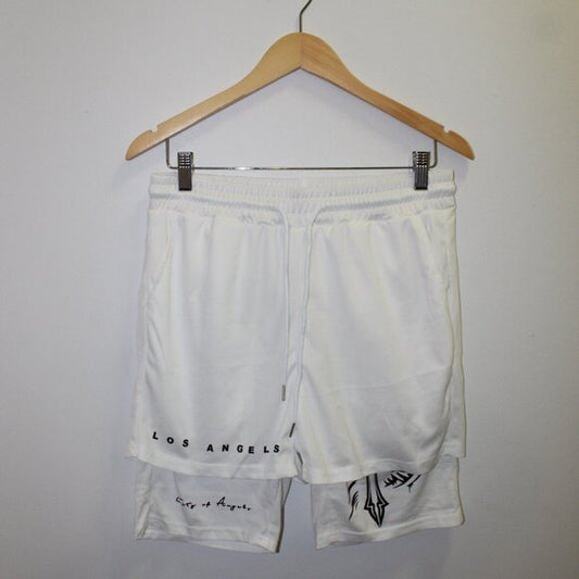 Manfinity LEGEND Letter & Cross Print Drawstring Double Layer Shorts - Size M